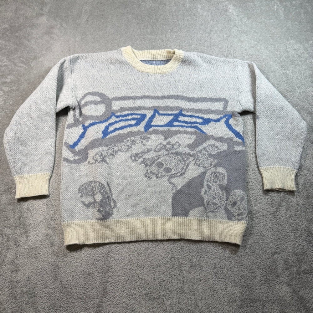 Vintage Racer Worldwide ICE Knit Sweater Mens Small Cream Blue Skull Oversize